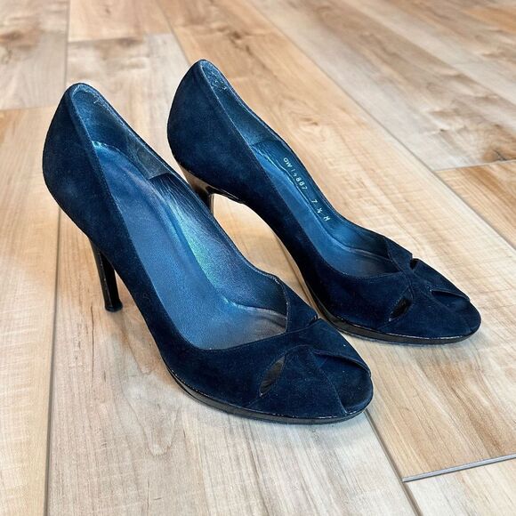 Stuart Weitzman Black Suede Heels Peep Toe Criss Cross Size 7.5 - Picture 2 of 16